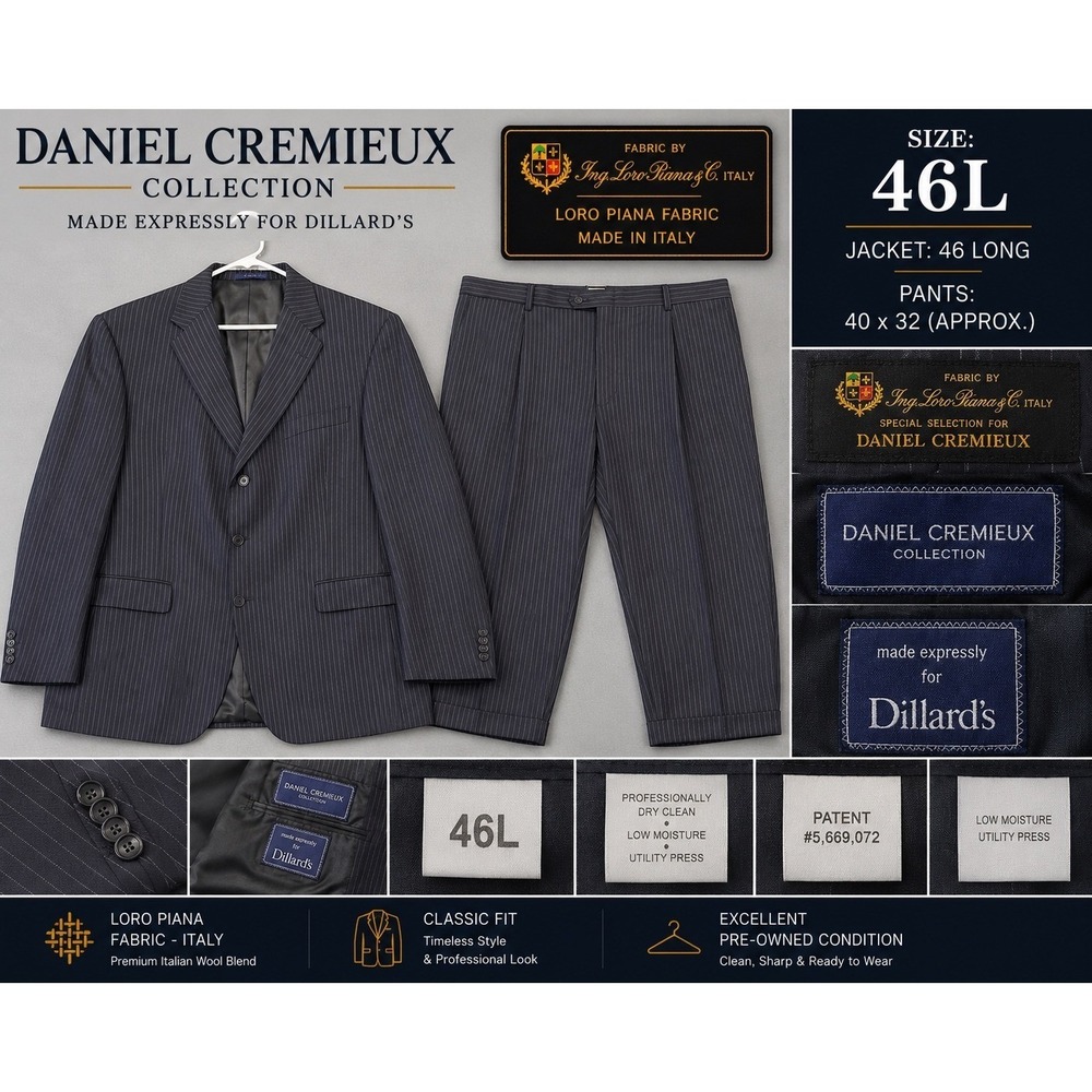 Daniel Cremieux Collection Mens 2-Piece Pinstripe Suit 46L Loro Piana Italy Wool